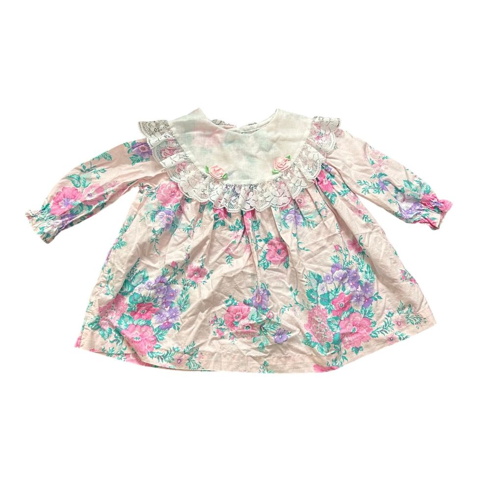 Vintage Sweet Treats Baby Dress 18 Months Cottage Floral‎ USA Lace Roses Cotton